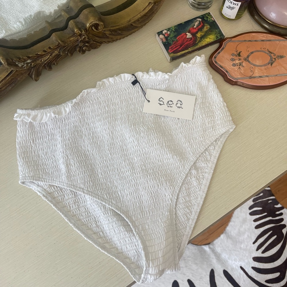 High Waisted White Ruffled Bikini Bottom. Coastal Old Money Aesthetic